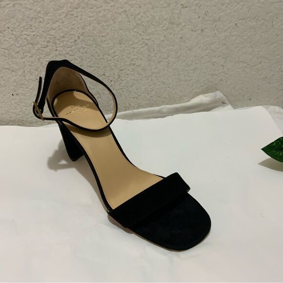 New Ann Mashburn black suede ankle Strap sandals size 38.5 heels 3” - Picture 1 of 11